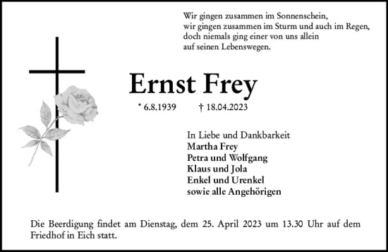 Traueranzeige von Ernst Frey von Wormser Zeitung