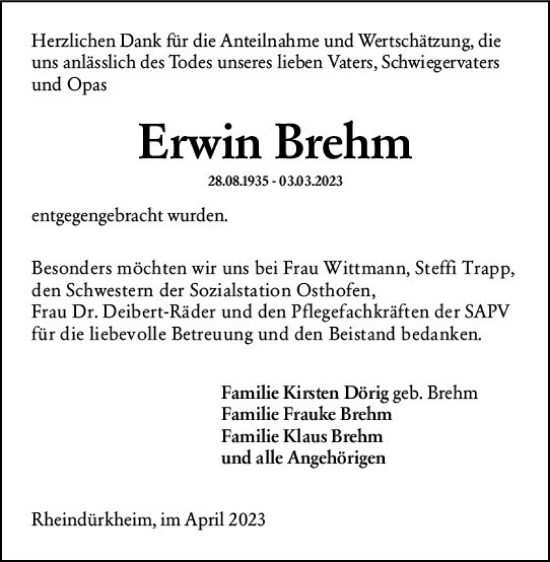Traueranzeige von Erwin Brehm von Wormser Zeitung