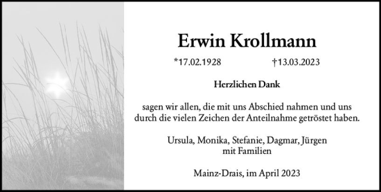 Traueranzeige von Erwin Krollmann von Allgemeine Zeitung Mainz