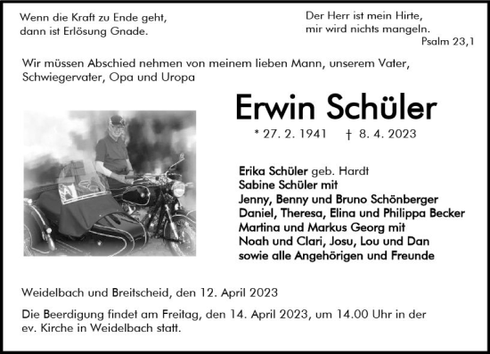 Traueranzeige von Erwin Schüler von Dill Block