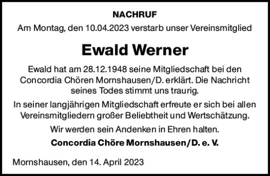 Traueranzeige von Ewald Werner von Hinterländer Anzeiger