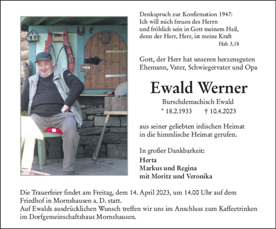 Traueranzeige von Ewald Werner von Hinterländer Anzeiger