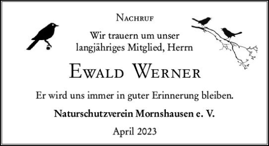 Traueranzeige von Ewald Werner von Hinterländer Anzeiger