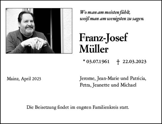 Traueranzeige von Franz-Josef Müller von Allgemeine Zeitung Mainz