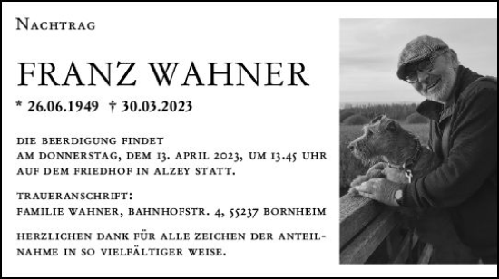 Traueranzeige von Franz Wahner von Allgemeine Zeitung Alzey