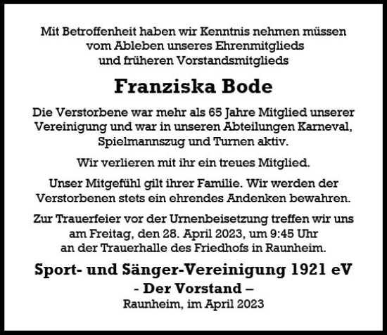 Traueranzeige von Franziska Bode von Rüsselsheimer Echo