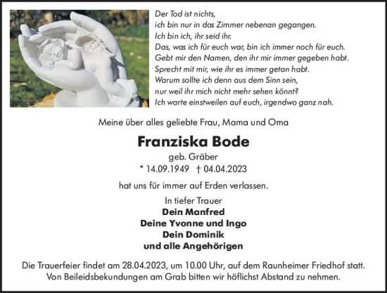 Traueranzeige von Franziska Bode von Rüsselsheimer Echo