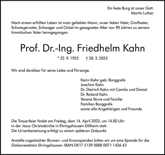 Traueranzeige von Friedhelm Kahn von Wetzlarer Neue Zeitung