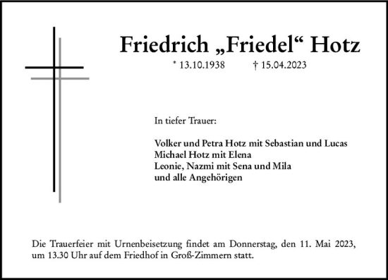 Traueranzeige von Friedrich Hotz von Darmstädter Echo