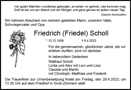 Traueranzeige von Friedrich  Scholl von Dieburger Anzeiger/Groß-Zimmerner Lokal-Anzeiger