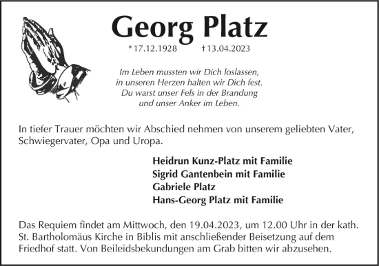 Traueranzeige von Georg Platz von Wormser Zeitung