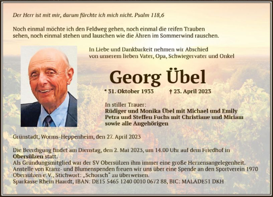 Traueranzeige von Georg Übel von Wormser Zeitung