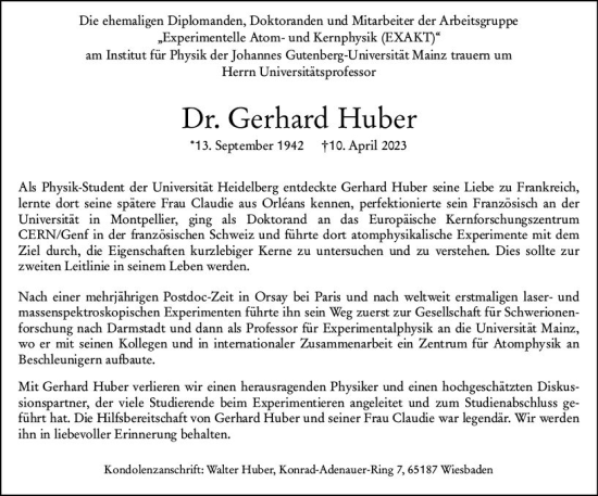 Traueranzeige von Gerhard Huber von Allgemeine Zeitung Mainz
