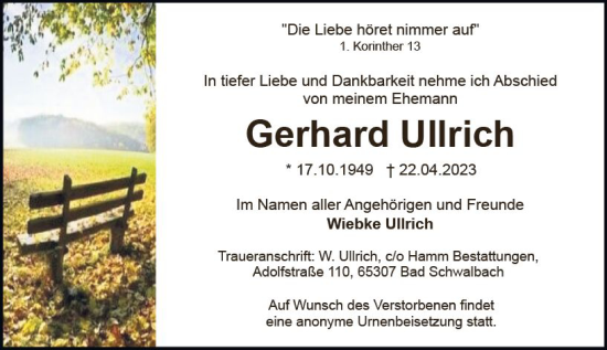 Traueranzeige von Gerhard Ullrich von Wiesbadener Kurier