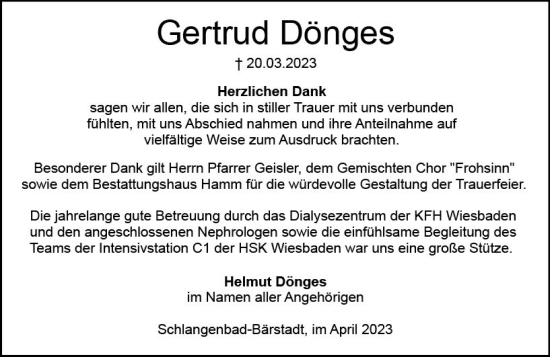 Traueranzeige von Gertrud Dönges von Wiesbadener Kurier