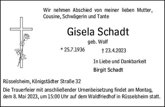 Traueranzeige von Gisela Schadt von Rüsselsheimer Echo