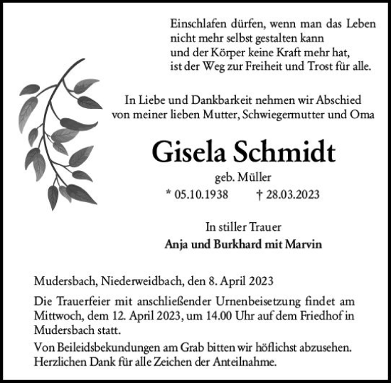 Traueranzeige von Gisela Schmidt von Wetzlarer Neue Zeitung