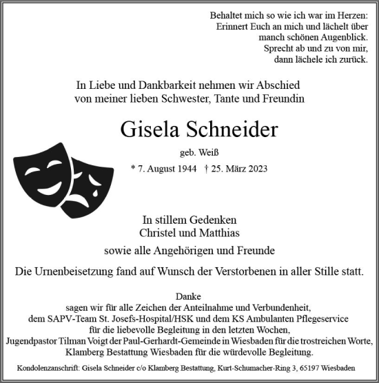 Traueranzeige von Gisela Schneider von Wiesbadener Kurier