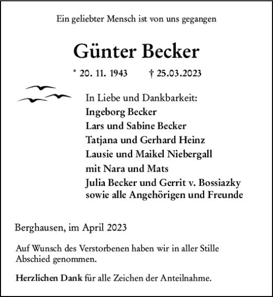Traueranzeige von Günter Becker von Wetzlarer Neue Zeitung