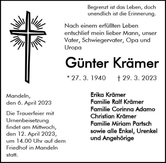 Traueranzeige von Günter Krämer von Dill Block