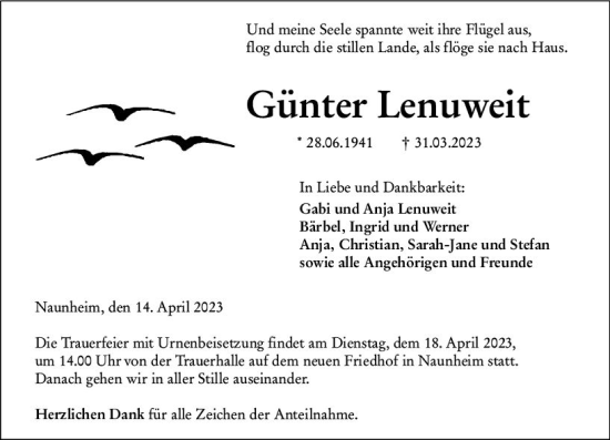 Traueranzeige von Günter Lenuweit von Wetzlarer Neue Zeitung