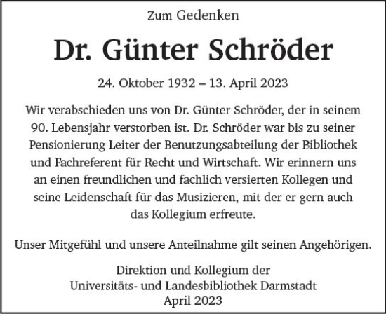 Traueranzeige von Günter Schröder von Darmstädter Echo