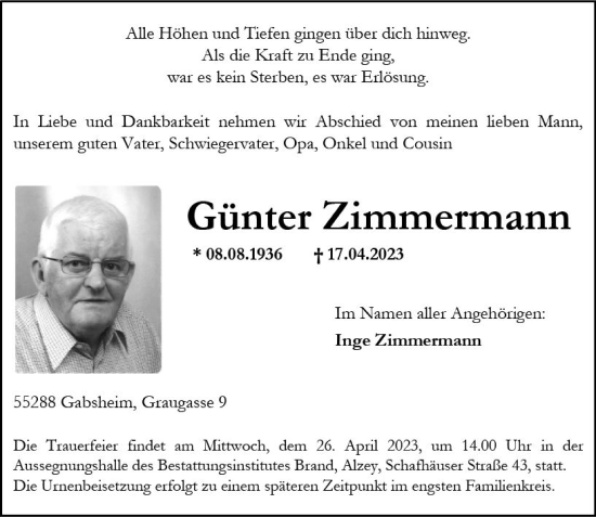 Traueranzeige von Günter Zimmermann von Allgemeine Zeitung Alzey
