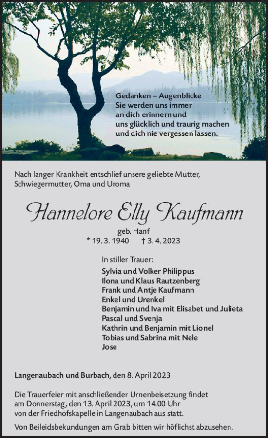 Traueranzeige von Hannelore Kaufman von Dill Block