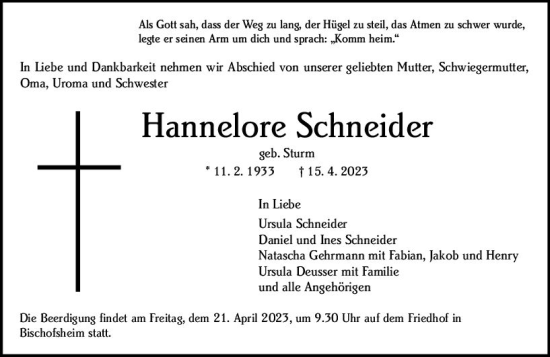 Traueranzeige von Hannelore Schneider von Rüsselsheimer Echo