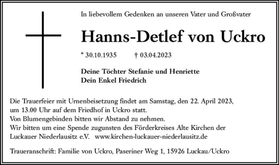 Traueranzeige von Hanns-Detlef von Uckro von Wiesbadener Kurier