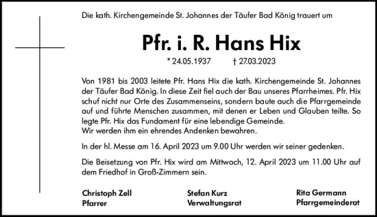 Traueranzeige von Hans Hix von Odenwälder Echo