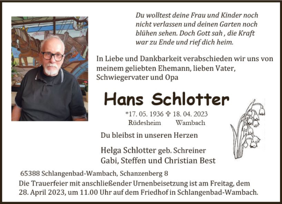 Traueranzeige von Hans Schlotter von Wiesbadener Kurier