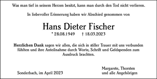 Traueranzeige von Hans Dieter Fischer von Starkenburger Echo