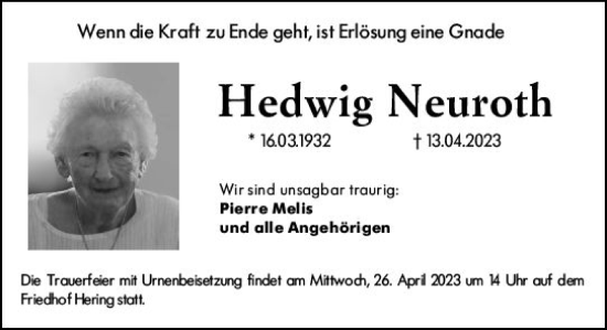 Traueranzeige von Hedwig Neuroth von Darmstädter Echo