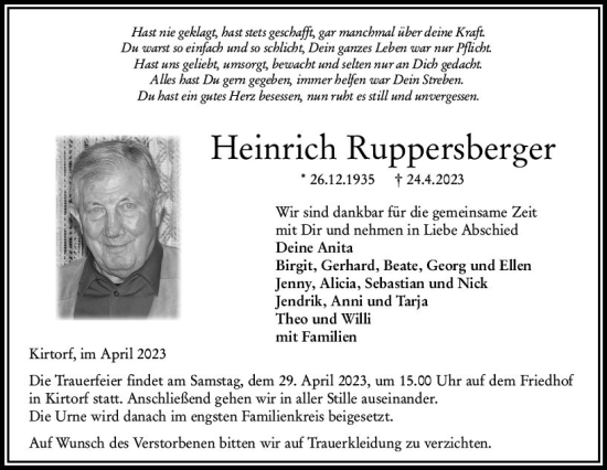 Traueranzeige von Heinrich Ruppersberger von VRM Trauer