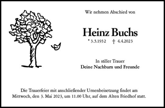 Traueranzeige von Heinz Buchs von Hochheimer Zeitung