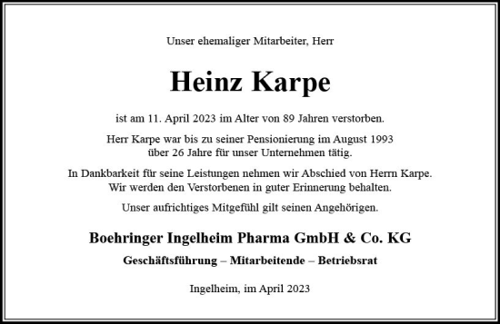 Traueranzeige von Heinz Karpe von Allgemeine Zeitung Bingen/Ingelheim