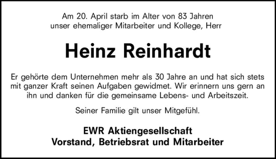 Traueranzeige von Heinz Reinhardt von Wormser Zeitung