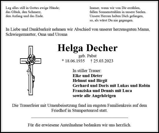 Traueranzeige von Helga Decher von VRM Trauer