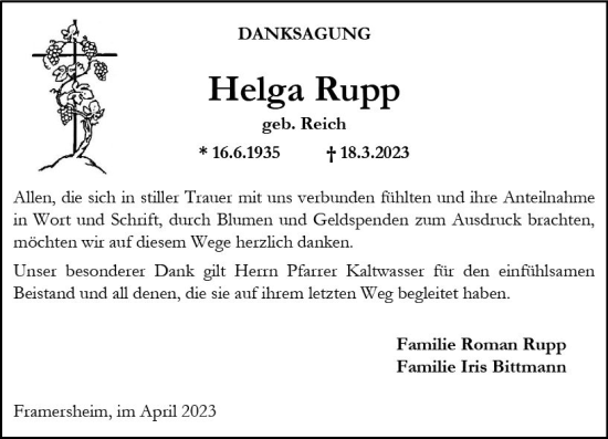 Traueranzeige von Helga Rupp von Allgemeine Zeitung Alzey