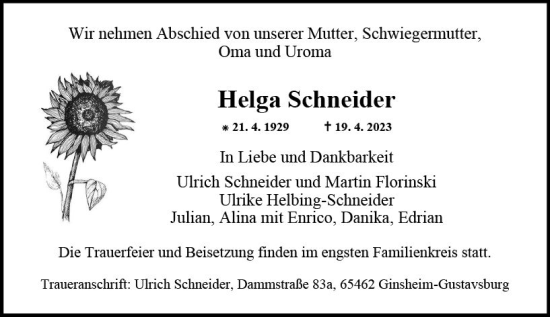 Traueranzeige von Helga Schneider von Allgemeine Zeitung Mainz