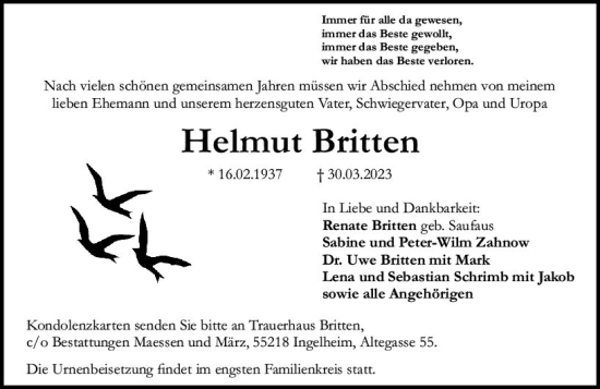 Traueranzeige von Helmut Britten von Allgemeine Zeitung Bingen/Ingelheim