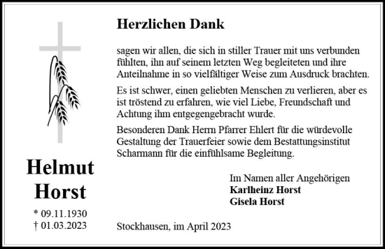 Traueranzeige von Helmut Horst von Oberhessen Kurier