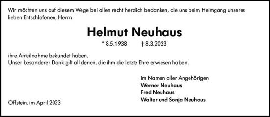 Traueranzeige von Helmut Neuhaus von Wormser Zeitung