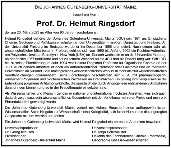 Traueranzeige von Helmut Ringsdorf von Allgemeine Zeitung Mainz