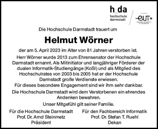 Traueranzeige von Helmut Wörner von Darmstädter Echo
