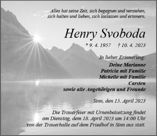 Traueranzeige von Henry Svoboda von Dill Block