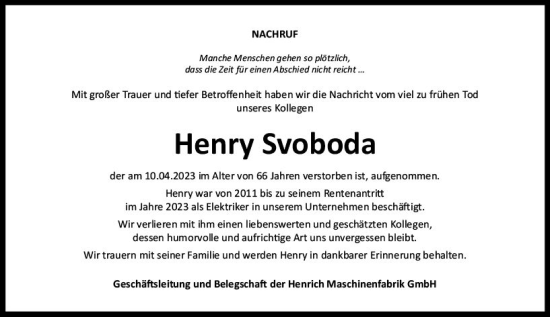 Traueranzeige von Henry Svoboda von Dill Block