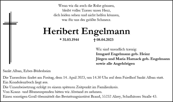 Traueranzeige von Heribert Engelmann von Allgemeine Zeitung Alzey