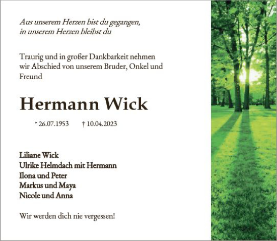 Traueranzeige von Hermann Wick von Allgemeine Zeitung Alzey